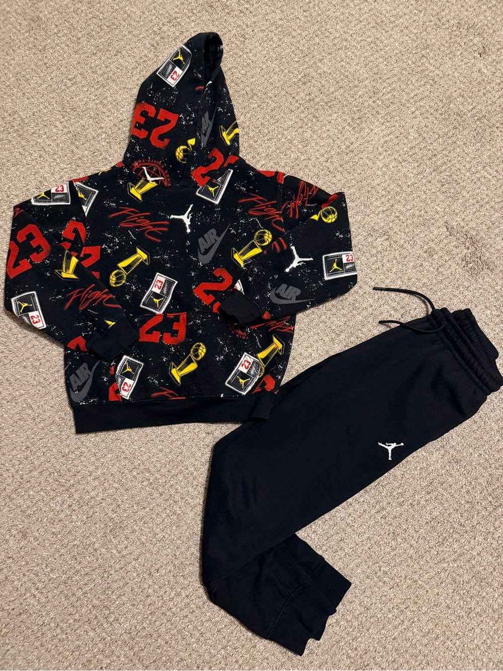 Jordan Hoodie & Black Joggers with Red and Yellow Accents Size Med 10-12
